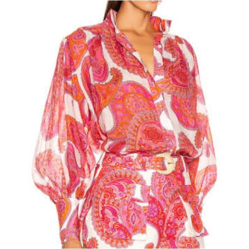 NWT! Zimmermann Peggy Orange/Pink Paisley Linen Button Down Long Sleeve Blouse - Picture 2 of 11
